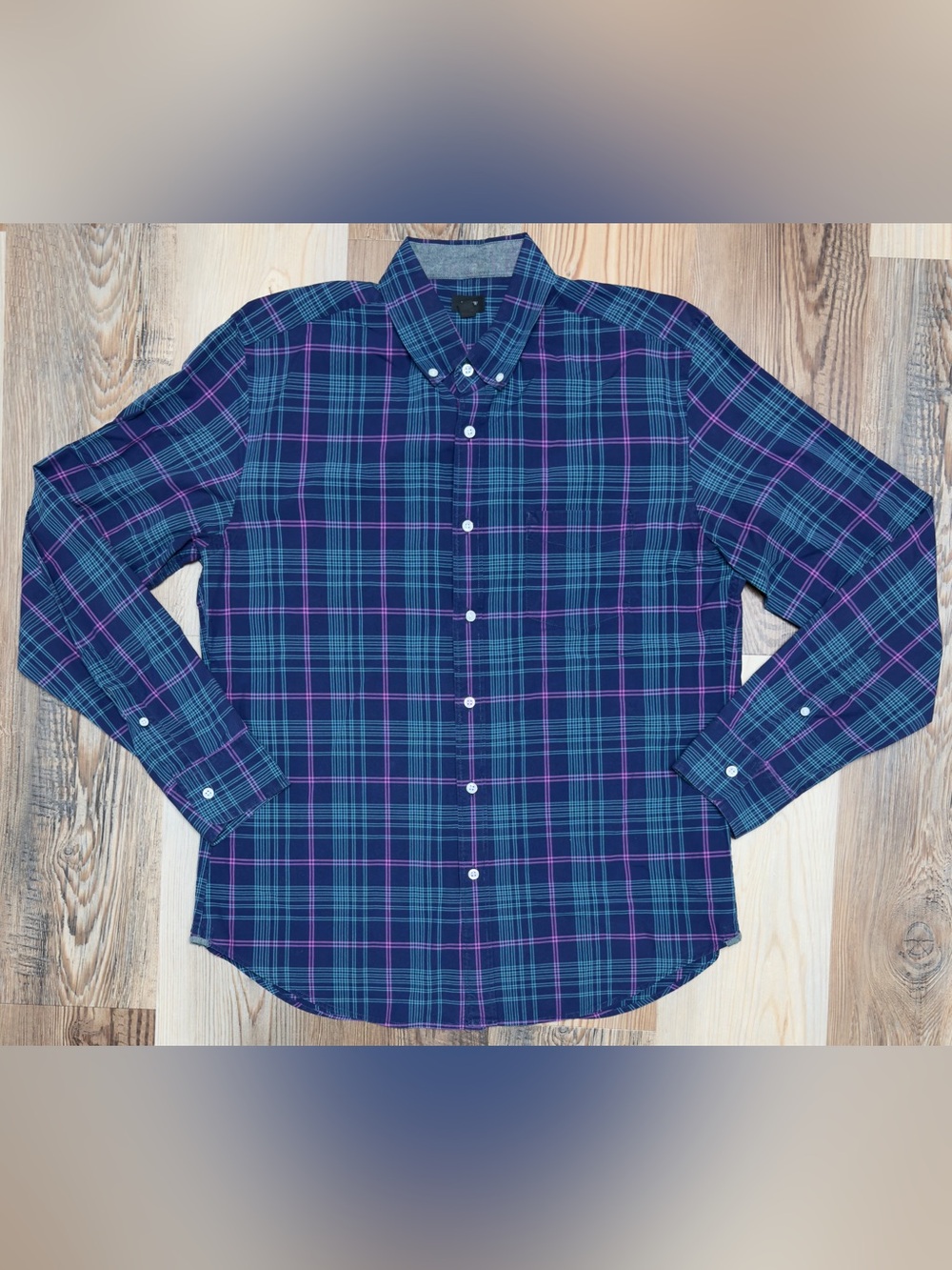 J.Crew Tartan Plaid Long Sleeve Shirt Men's Large L 100% Cotton Navy Teal Pink